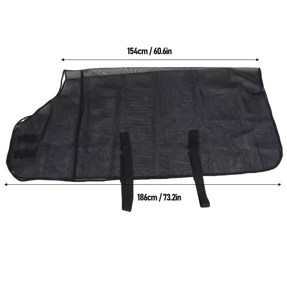 Blackfly rug sunshade with measurements on a white background