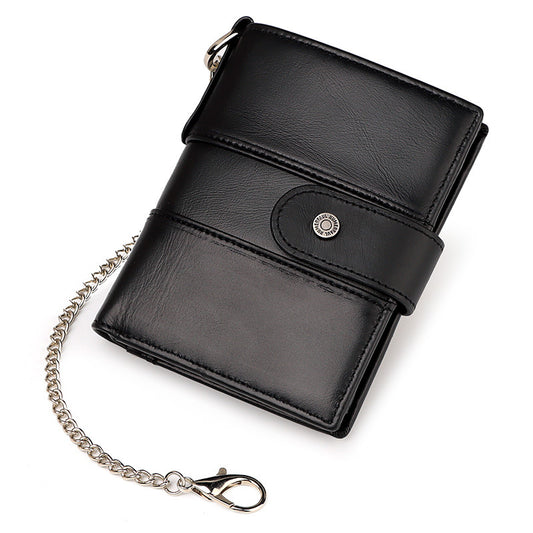 Black leather wallet with chain on a white background