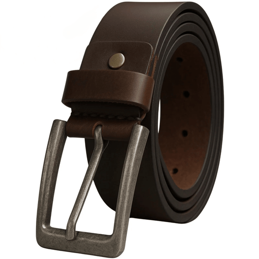 Brown leather belt with a silver buckle on a white background
