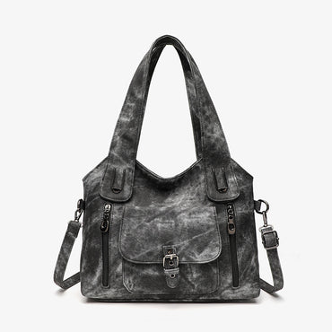Gray handbag with black accents on a white background