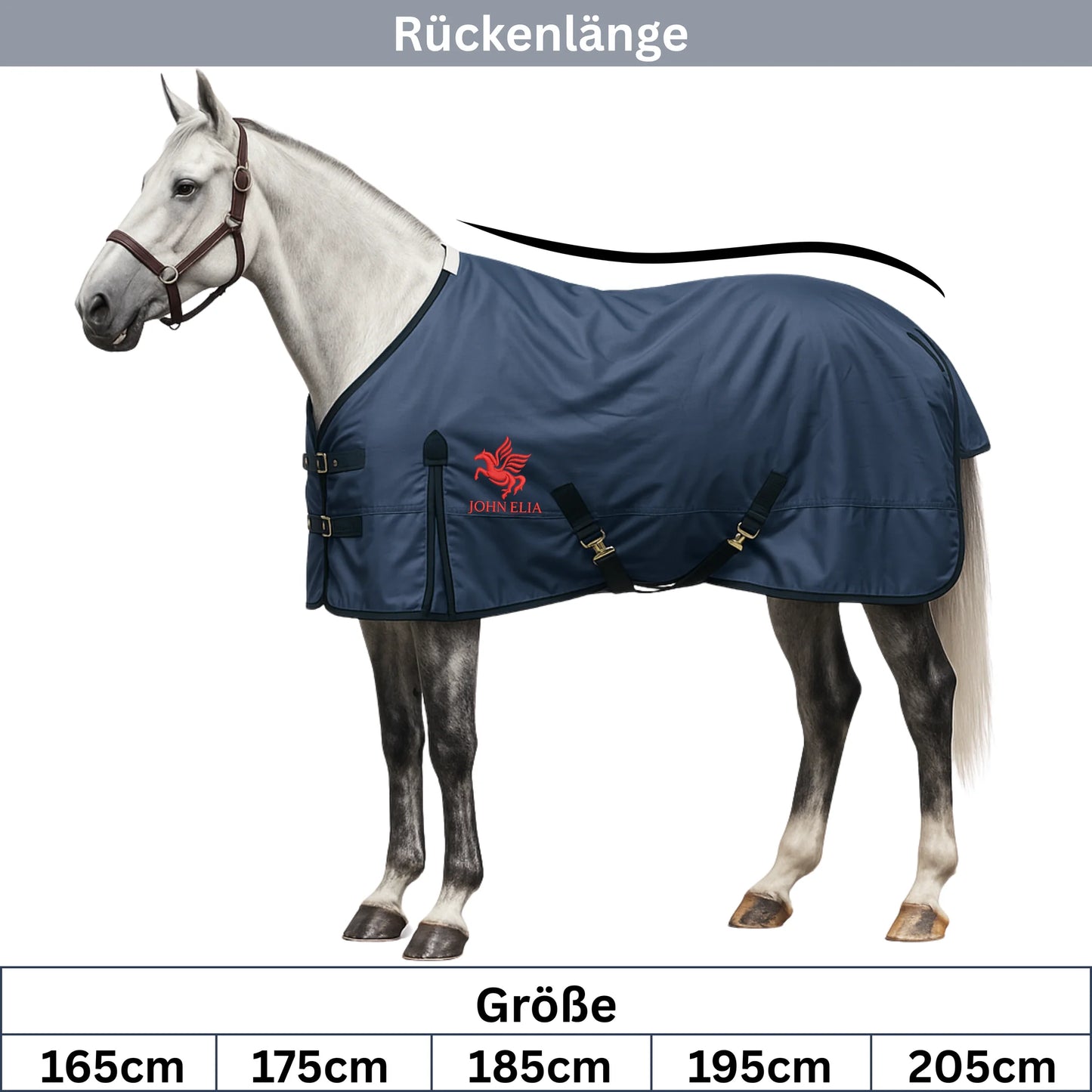 Horse wearing a blue rug with a visible brand logo on a white background