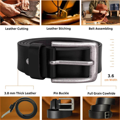 Black leather belt with silver buckle, shown with assembly steps and material details.