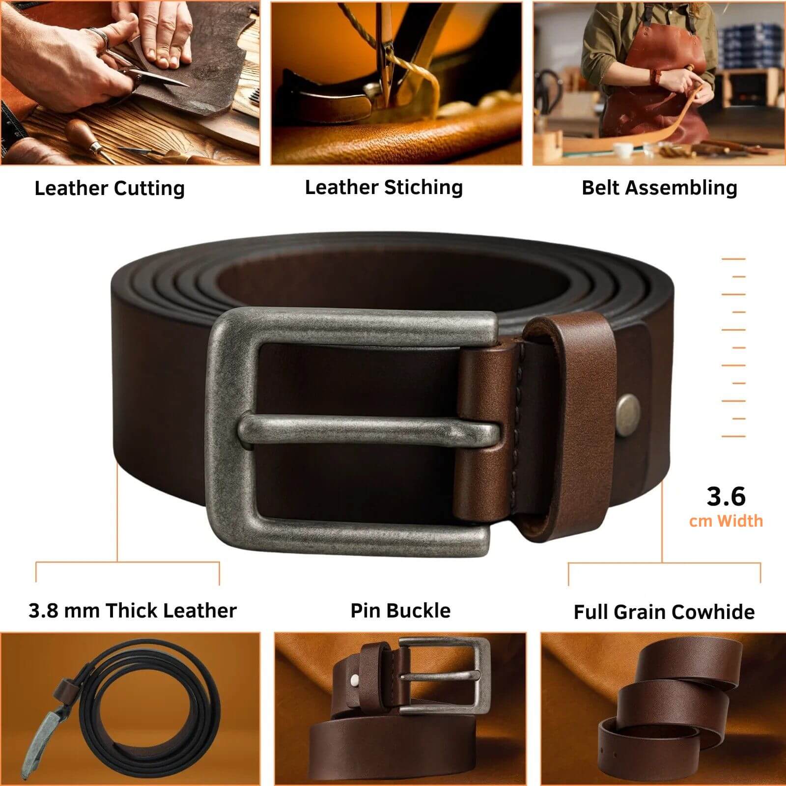 Brown leather belt with metal buckle, shown with assembly steps and material details.