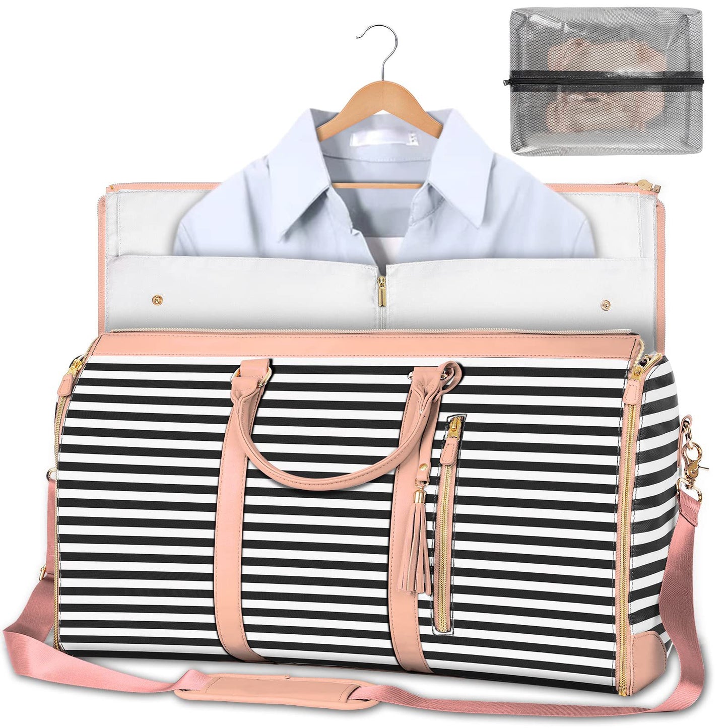 Striped travel bag with pink accents containing a shirt on a hanger and a clear pouch.