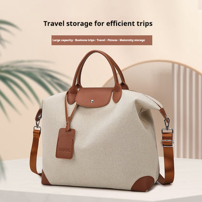 Beige travel bag with brown accents on a light background