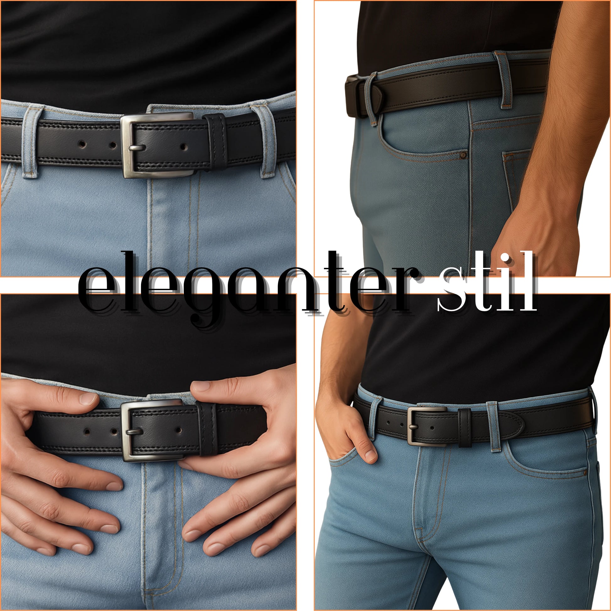 Black belt worn with light blue jeans, featuring the brand 'eleganter stil'.