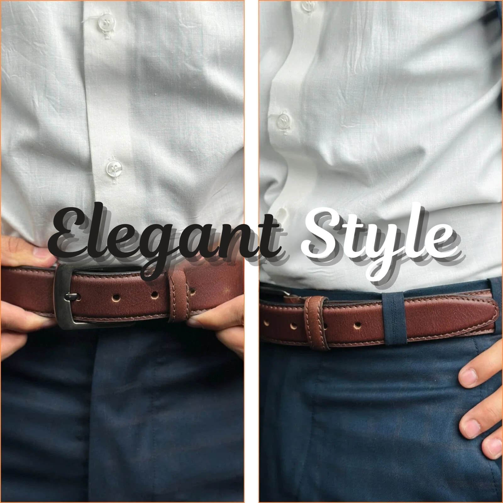 Two views of a person wearing a white shirt and brown belt with 'Elegant Style' text overlay.