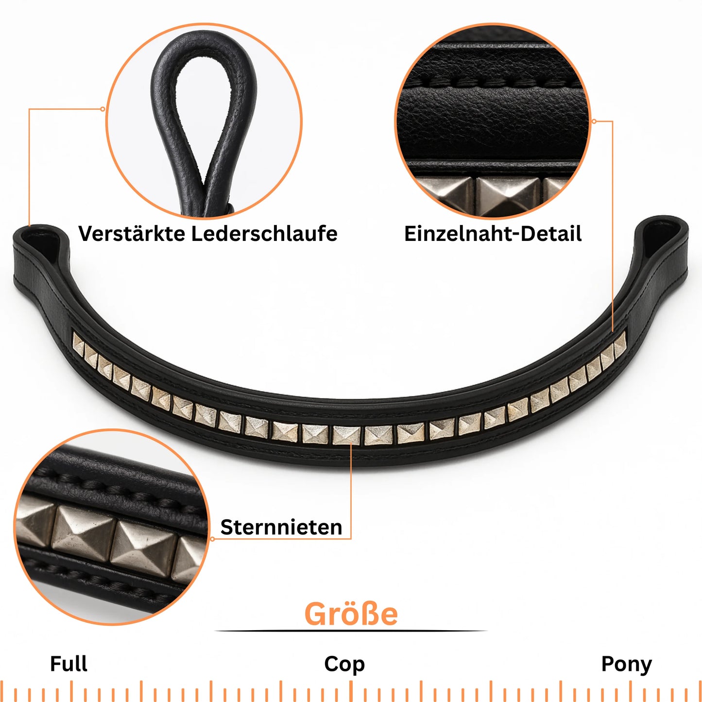 Black leather browband with studs and detailed close-ups on a white background