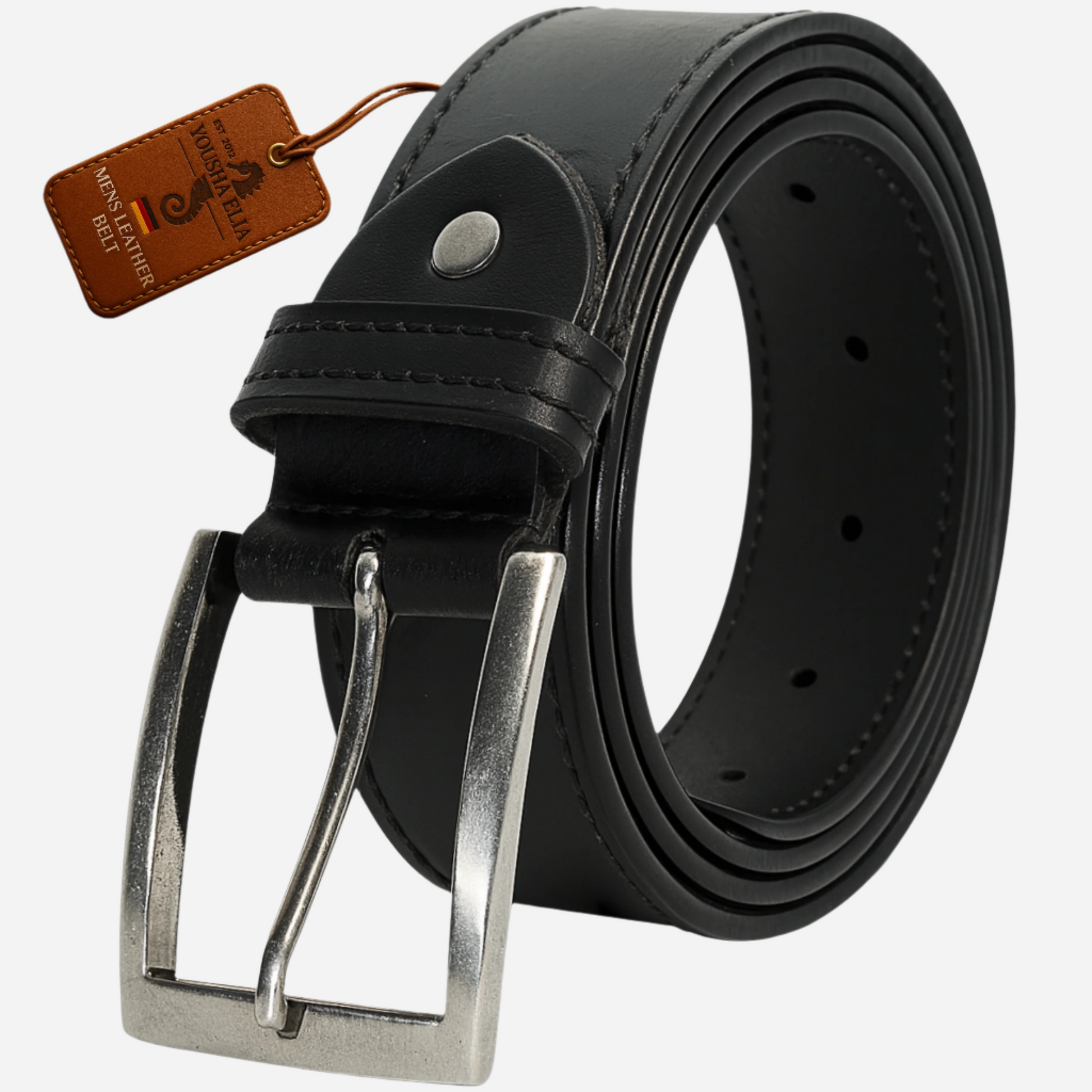 Black leather belt with silver buckle and a brown tag on a white background
