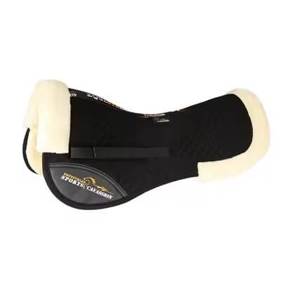 Black and cream saddle pad with a visible brand logo on a white background