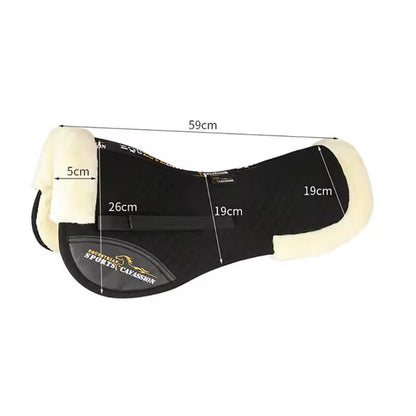 Black and cream saddle pad with measurements on a white background