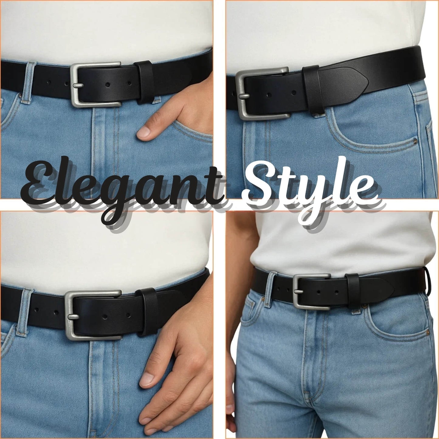 Black belt worn with light blue jeans, labeled 'Elegant Style'.