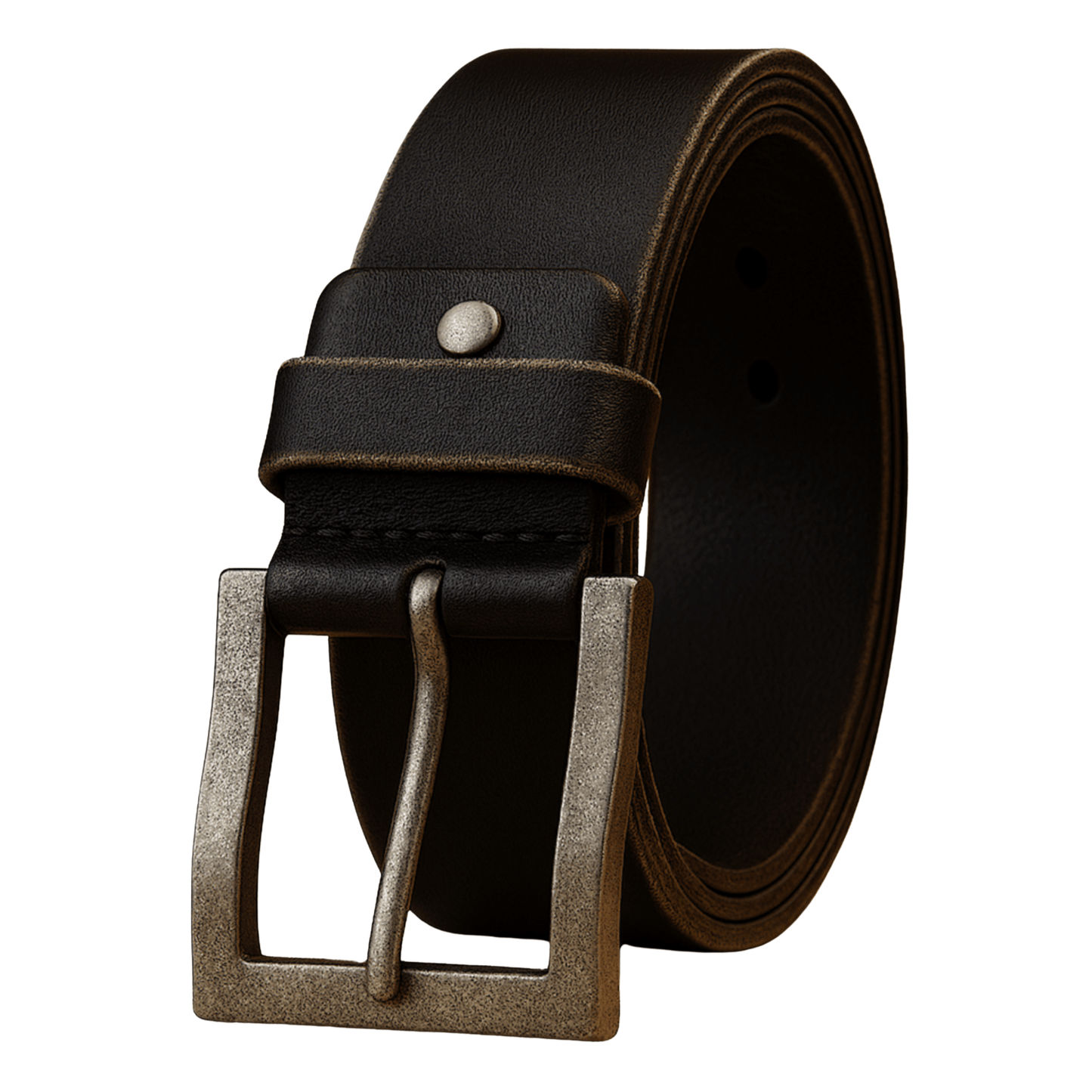 Black leather belt with a silver buckle on a white background