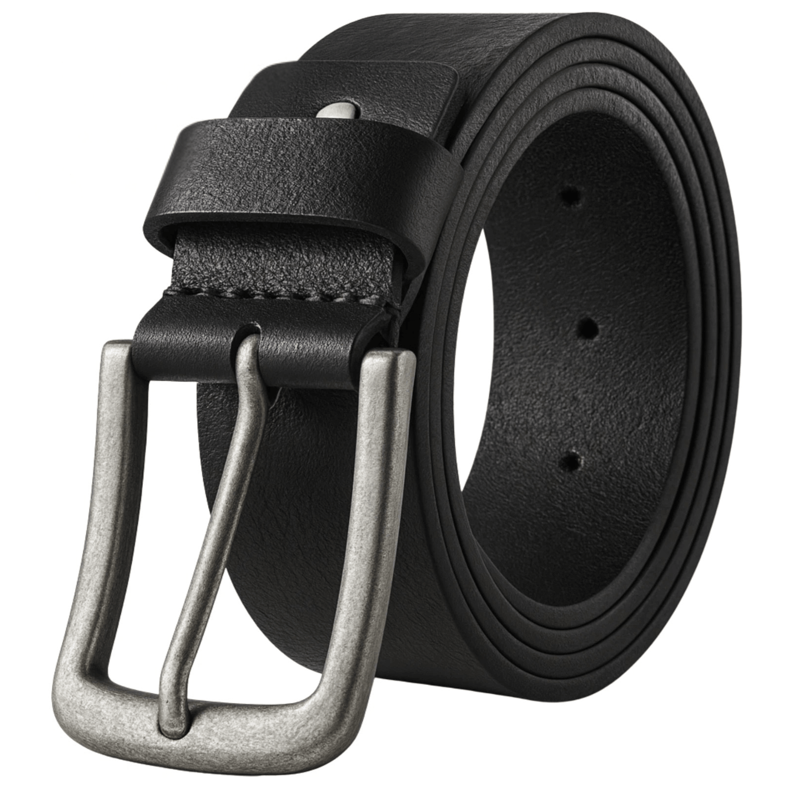 Black leather belt with a silver buckle on a white background