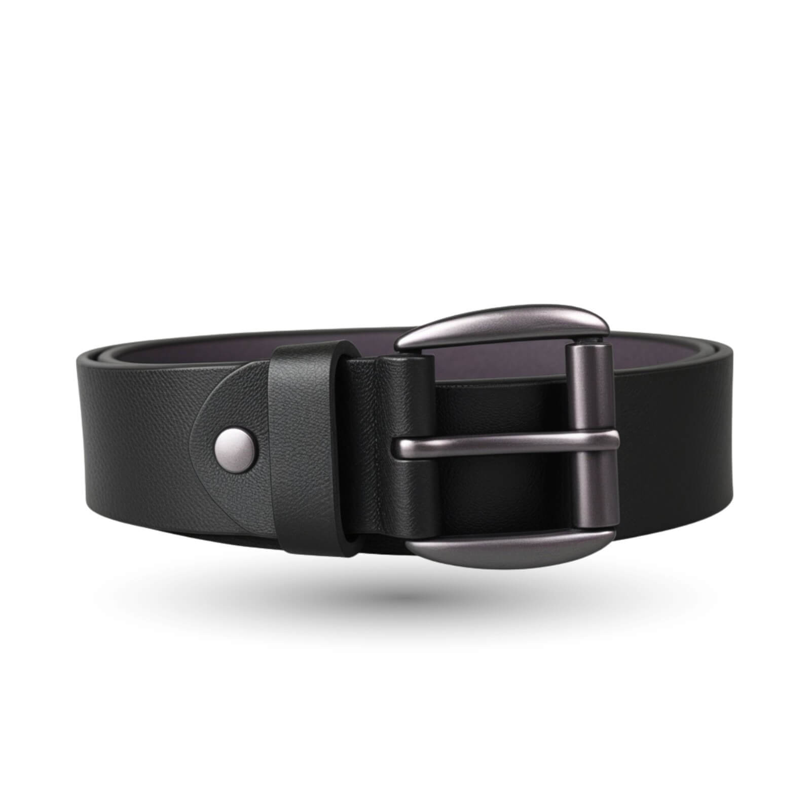 Black leather belt with a silver buckle on a white background