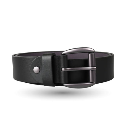 Black leather belt with a silver buckle on a white background
