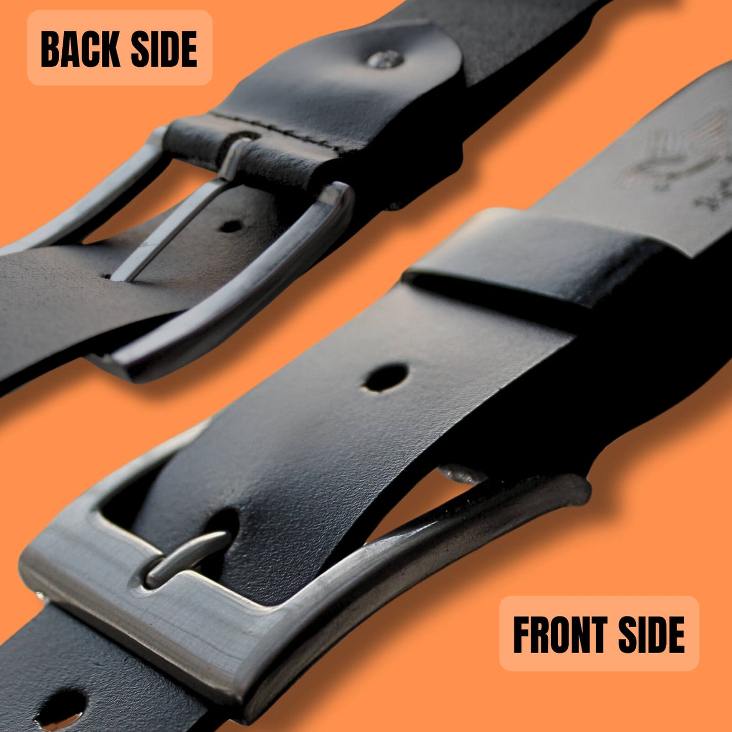Black leather watch strap showing front and back sides on an orange background