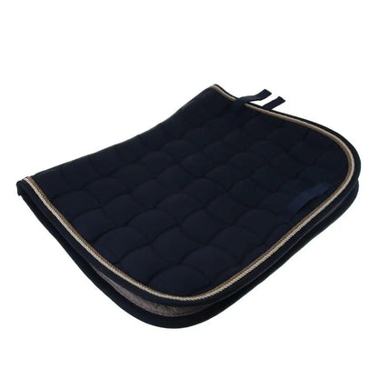 Black quilted saddle pad with a brown border on a white background