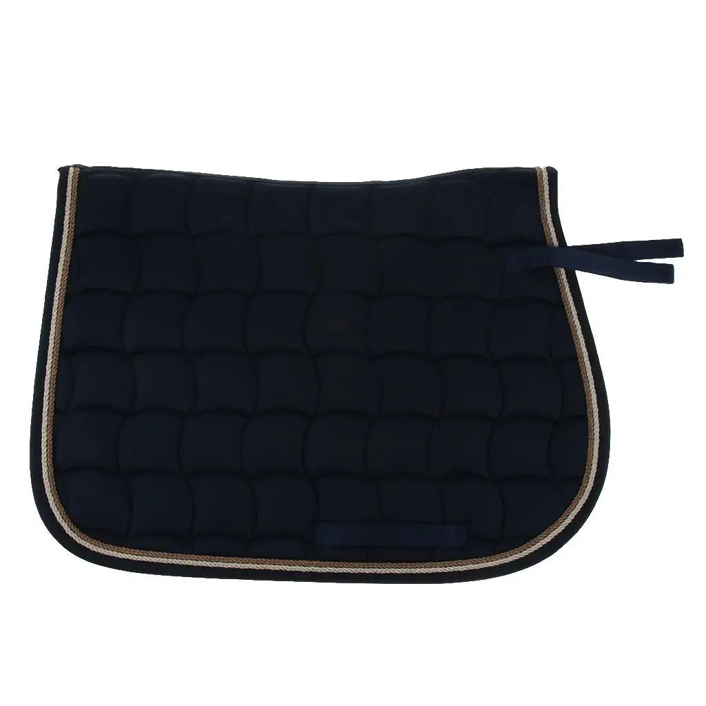Black quilted saddle pad with a beige border on a white background