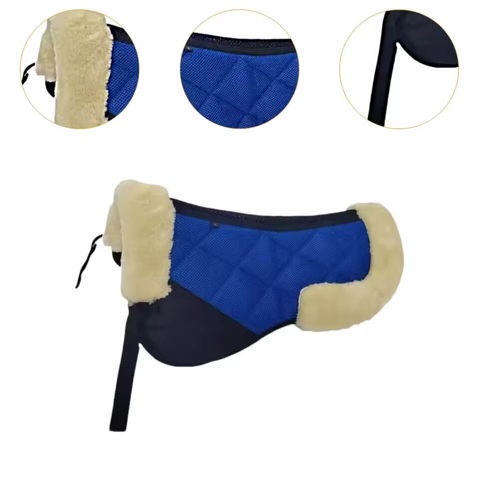 Blue and beige saddle pad with close-up insets on a white background