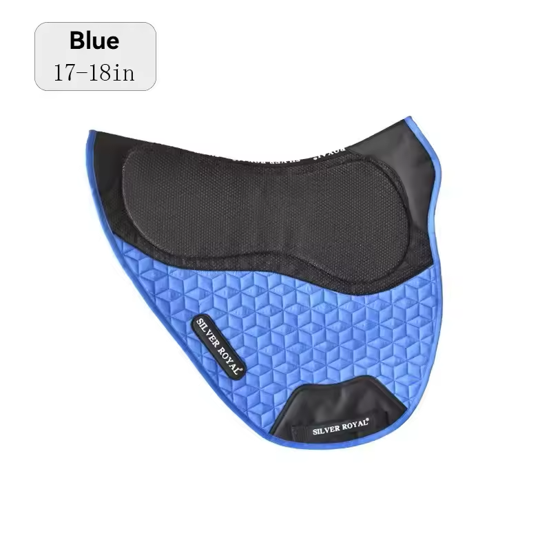 Blue saddle pad with black accents on a white background, featuring 'Silver Royal' branding.