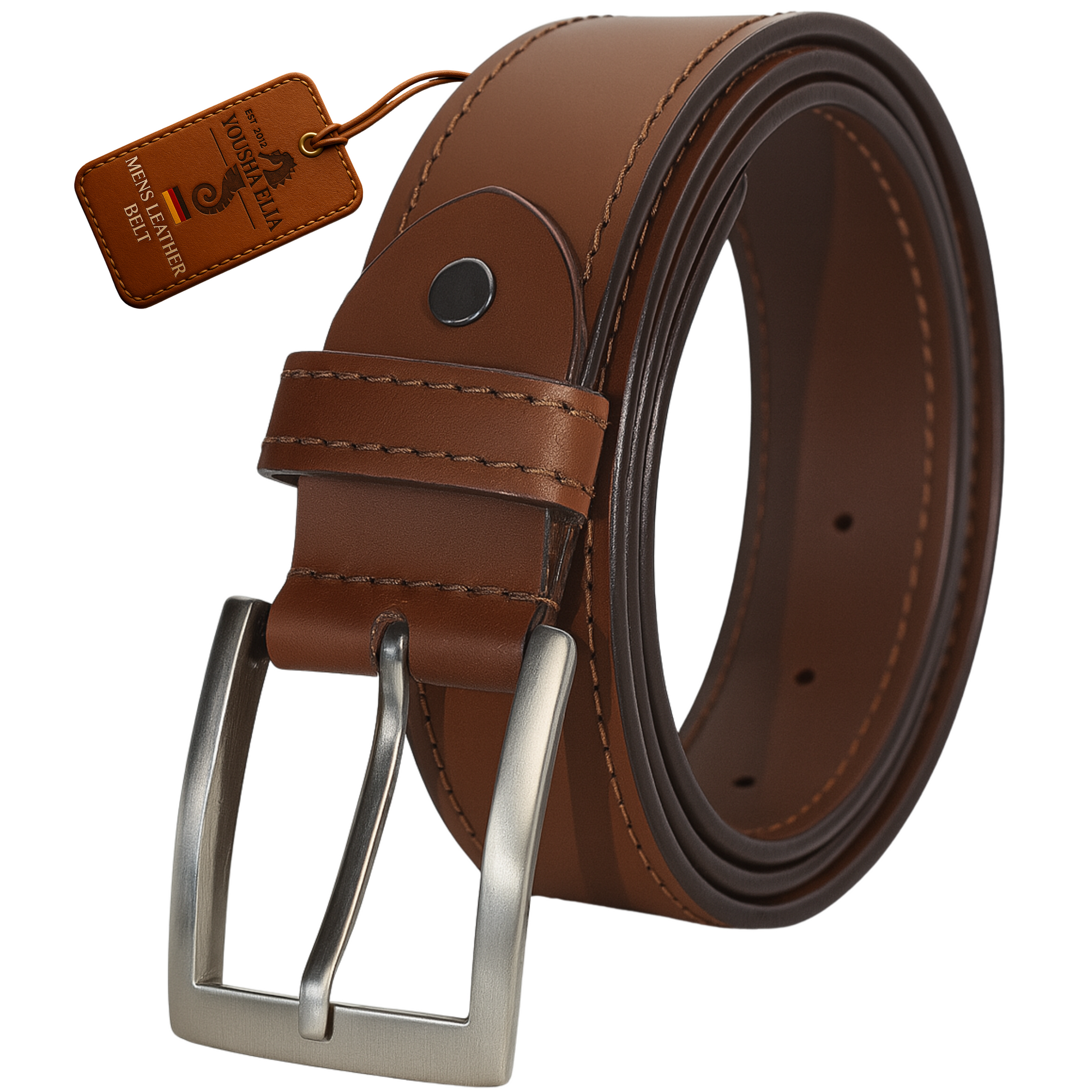 Brown leather belt with silver buckle and tag on a white background