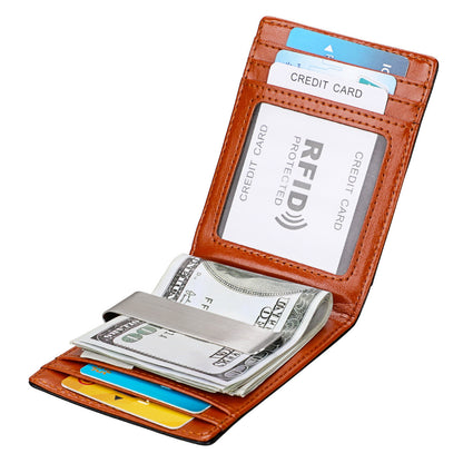 Brown wallet with money and cards on a white background