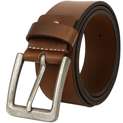 Brown leather belt with a silver buckle on a white background