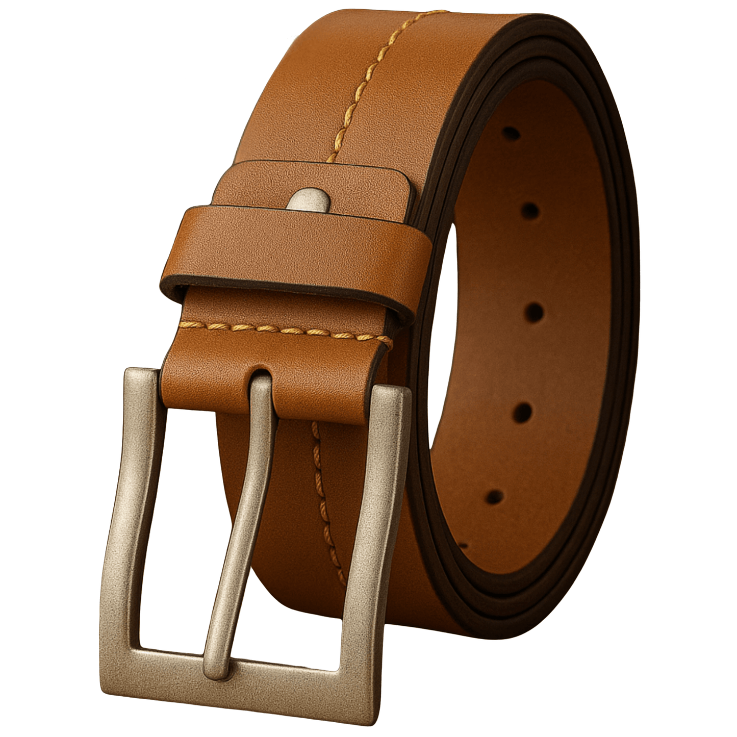Brown leather belt with a silver buckle on a white background