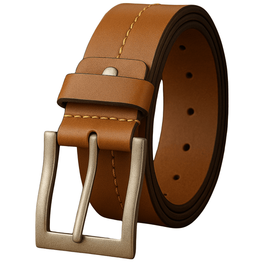 Brown leather belt with a silver buckle on a white background