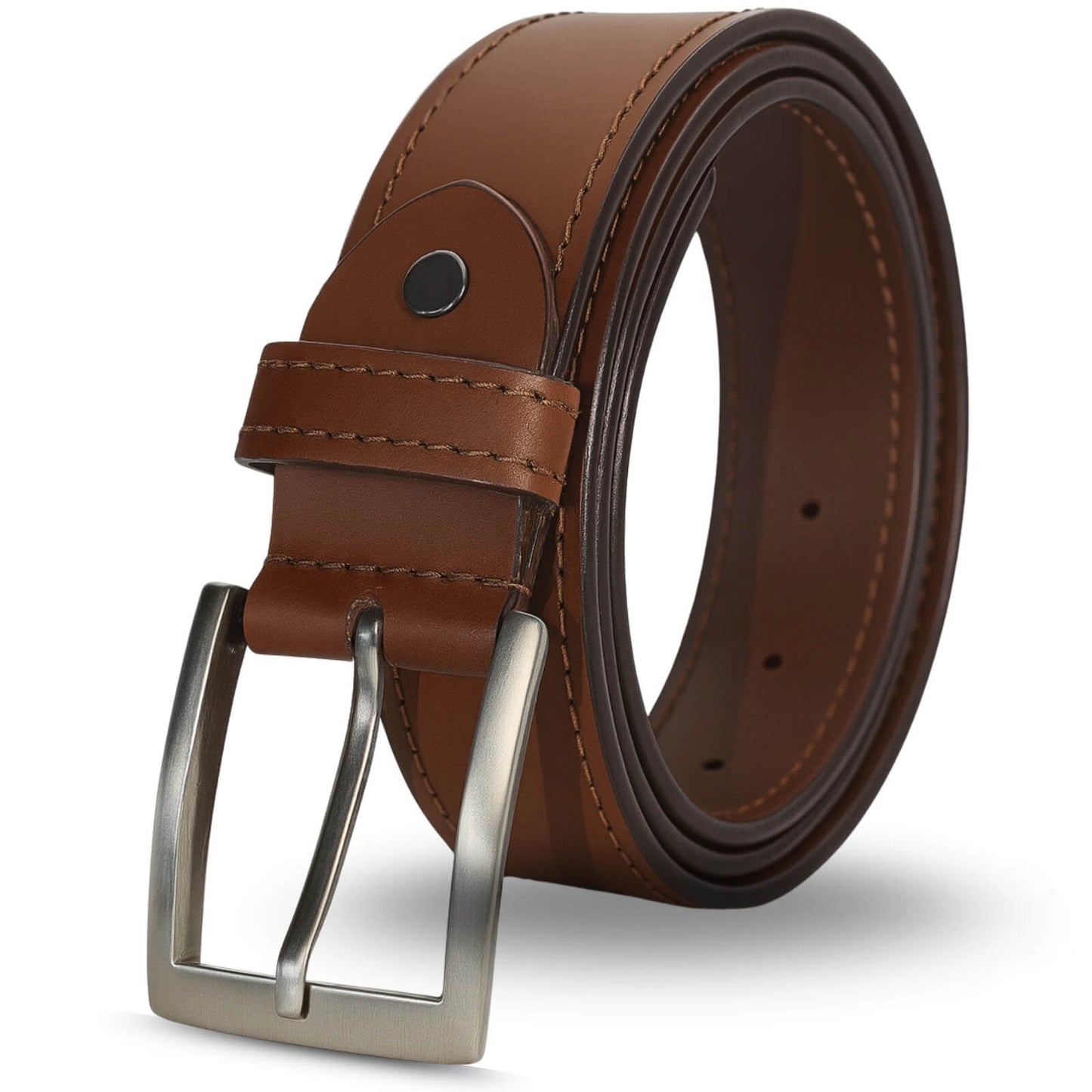 Brown leather belt with a silver buckle on a white background
