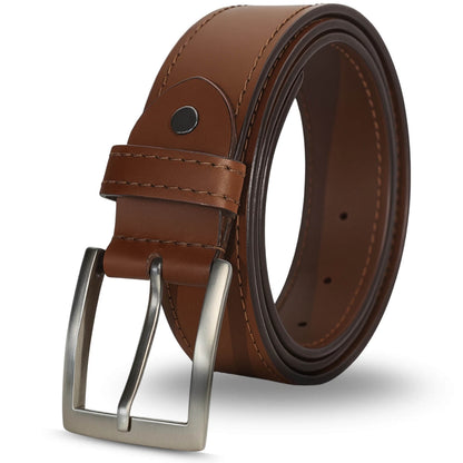 Brown leather belt with a silver buckle on a white background