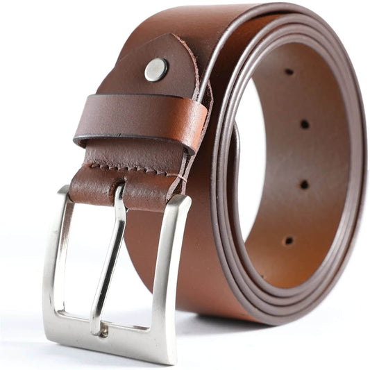 Brown leather belt with silver buckle on a white background