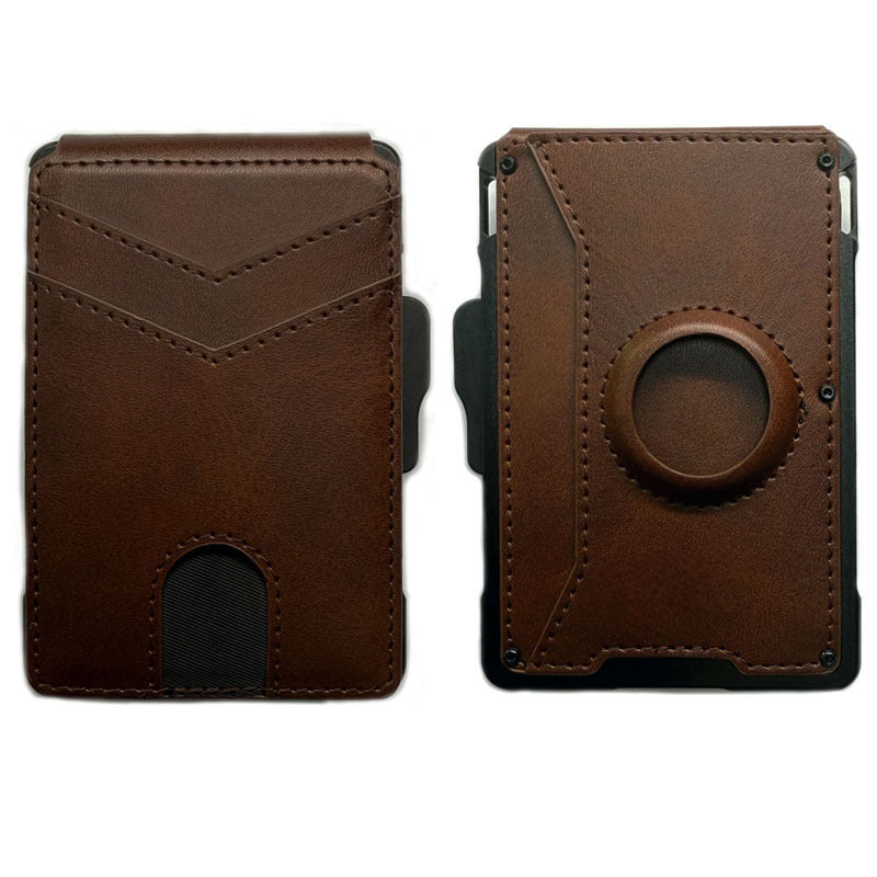 Brown leather phone case with card holder and 360-degree rotation feature on a white background