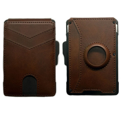 Brown leather phone case with card holder and 360-degree rotation feature on a white background