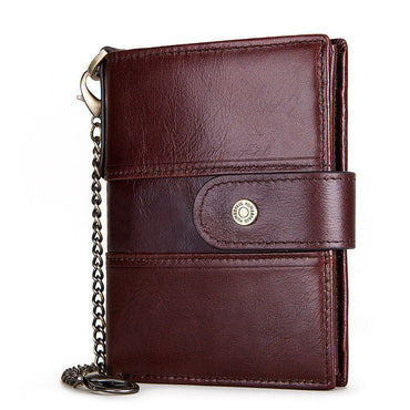 Brown leather wallet with a chain on a white background