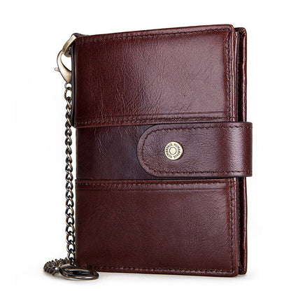 Brown leather wallet with a chain on a white background