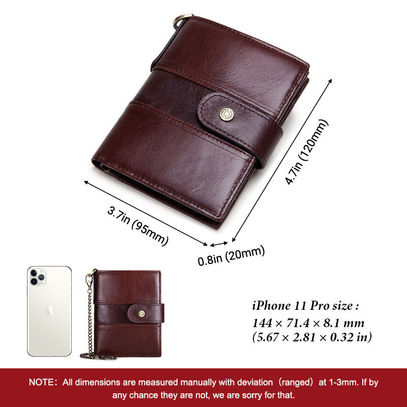 Brown leather wallet with chain, shown with dimensions and compared to an iPhone 11 Pro.