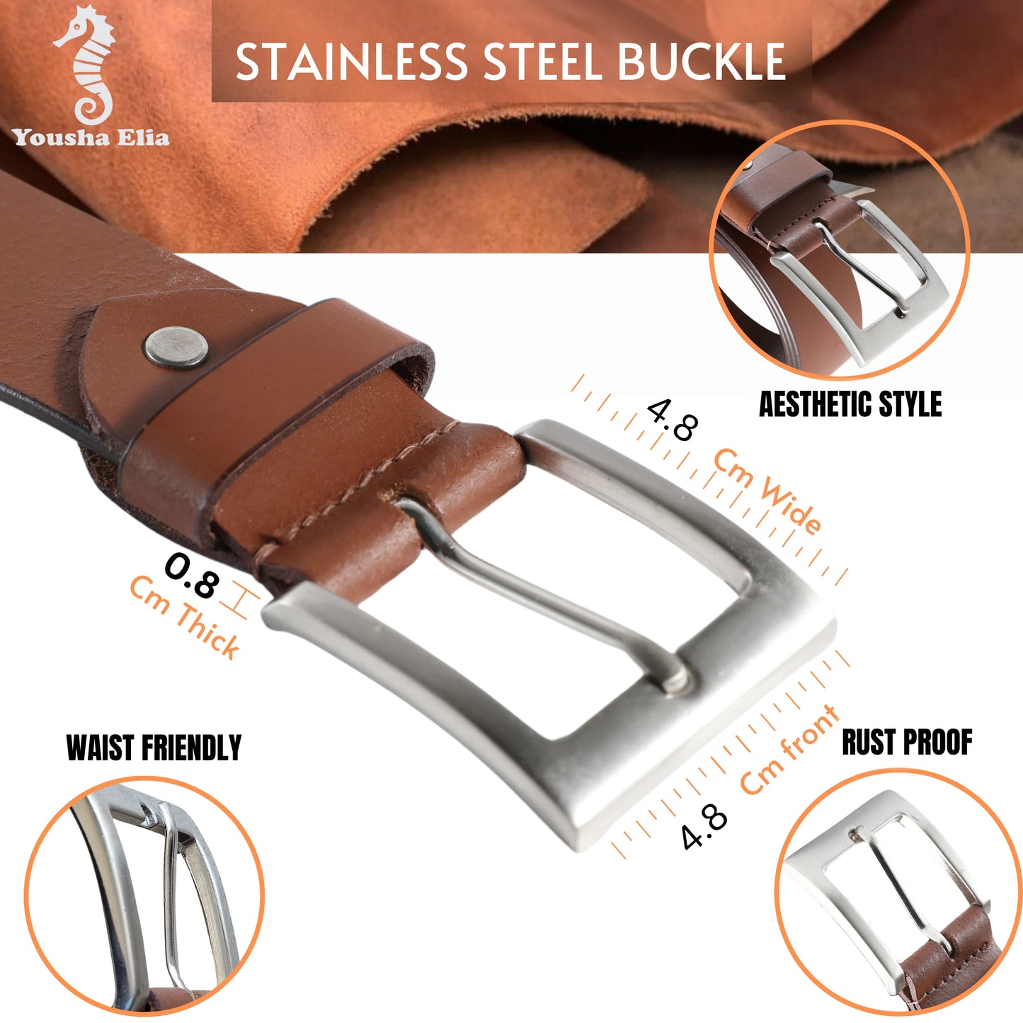 Brown leather belt with stainless steel buckle, showing features like thickness, width, and rust-proofing.