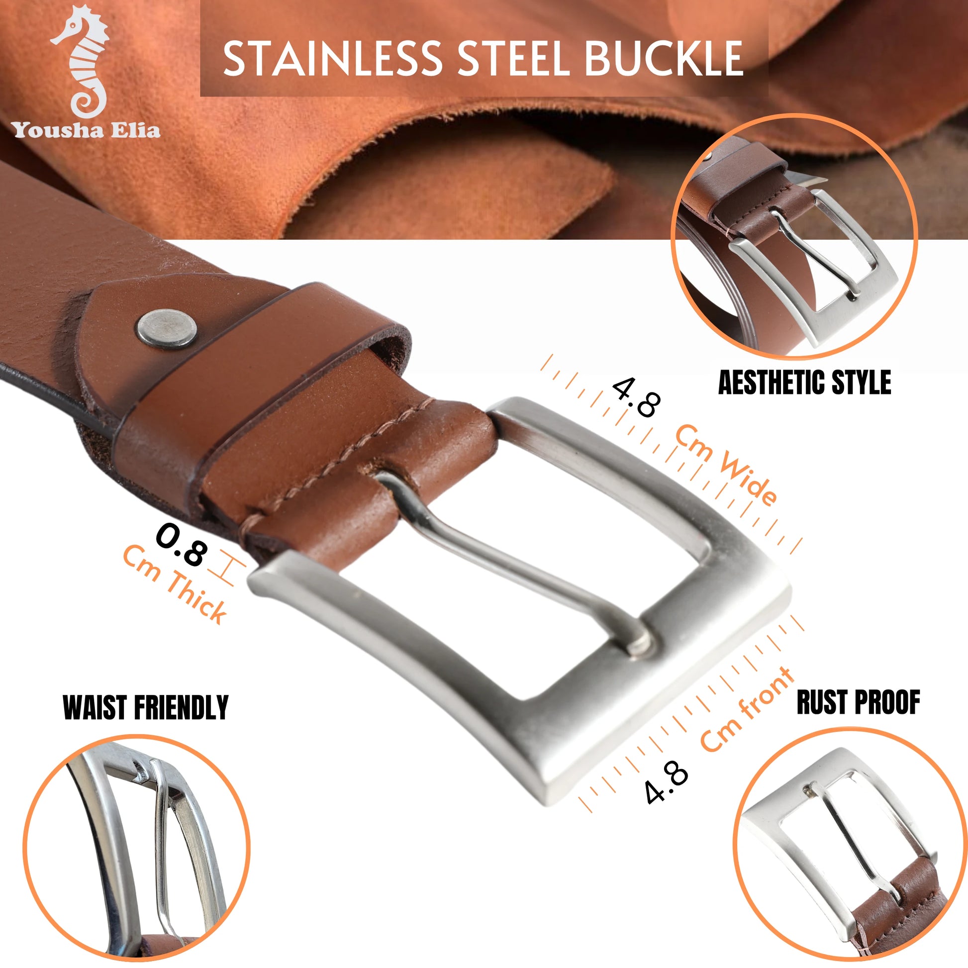 Brown leather belt with stainless steel buckle, showing features like thickness, width, and rust-proofing.