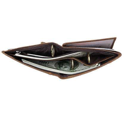 Brown leather wallet with money on a white background