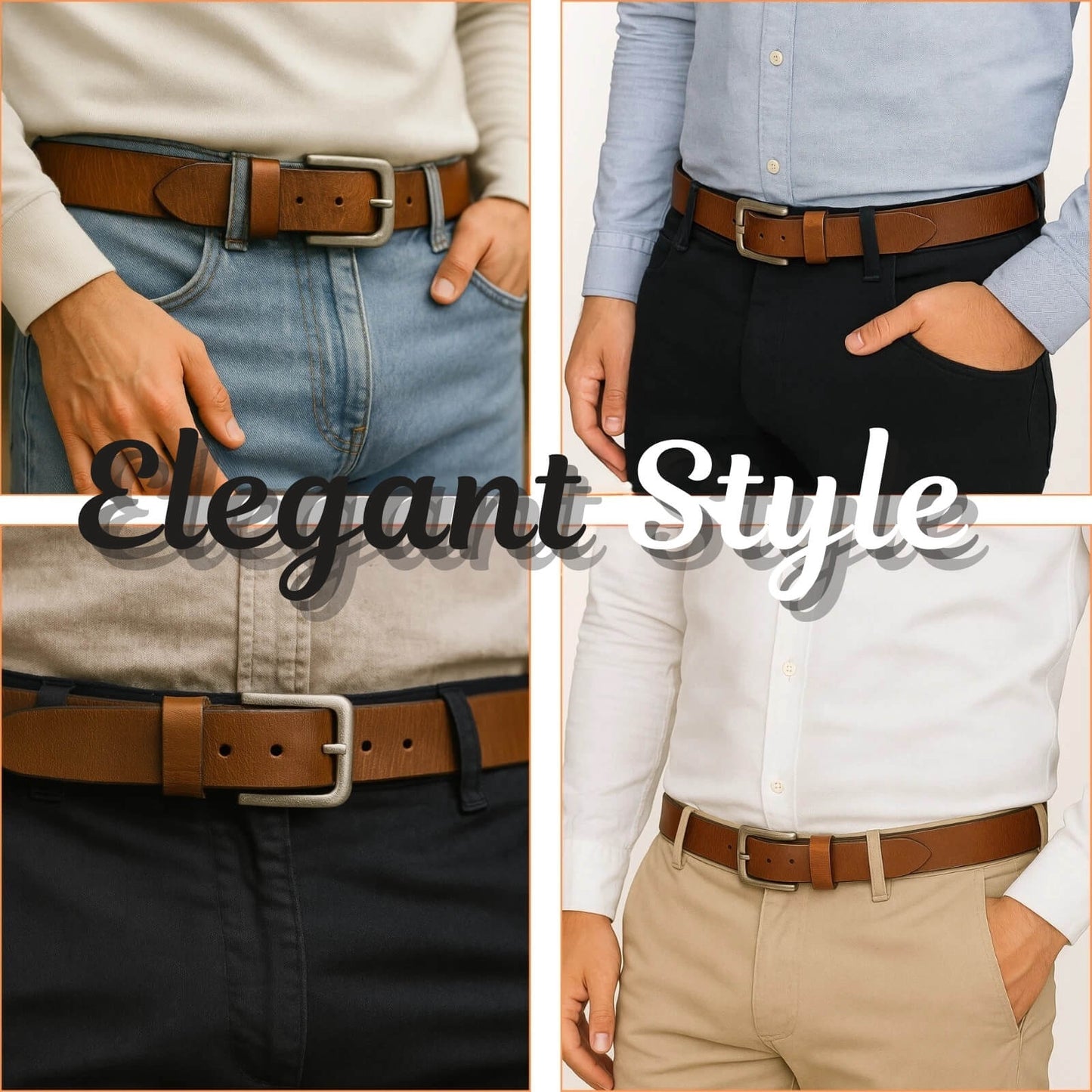 Collage of people wearing brown belts with text 'Elegant Style' on a neutral background.