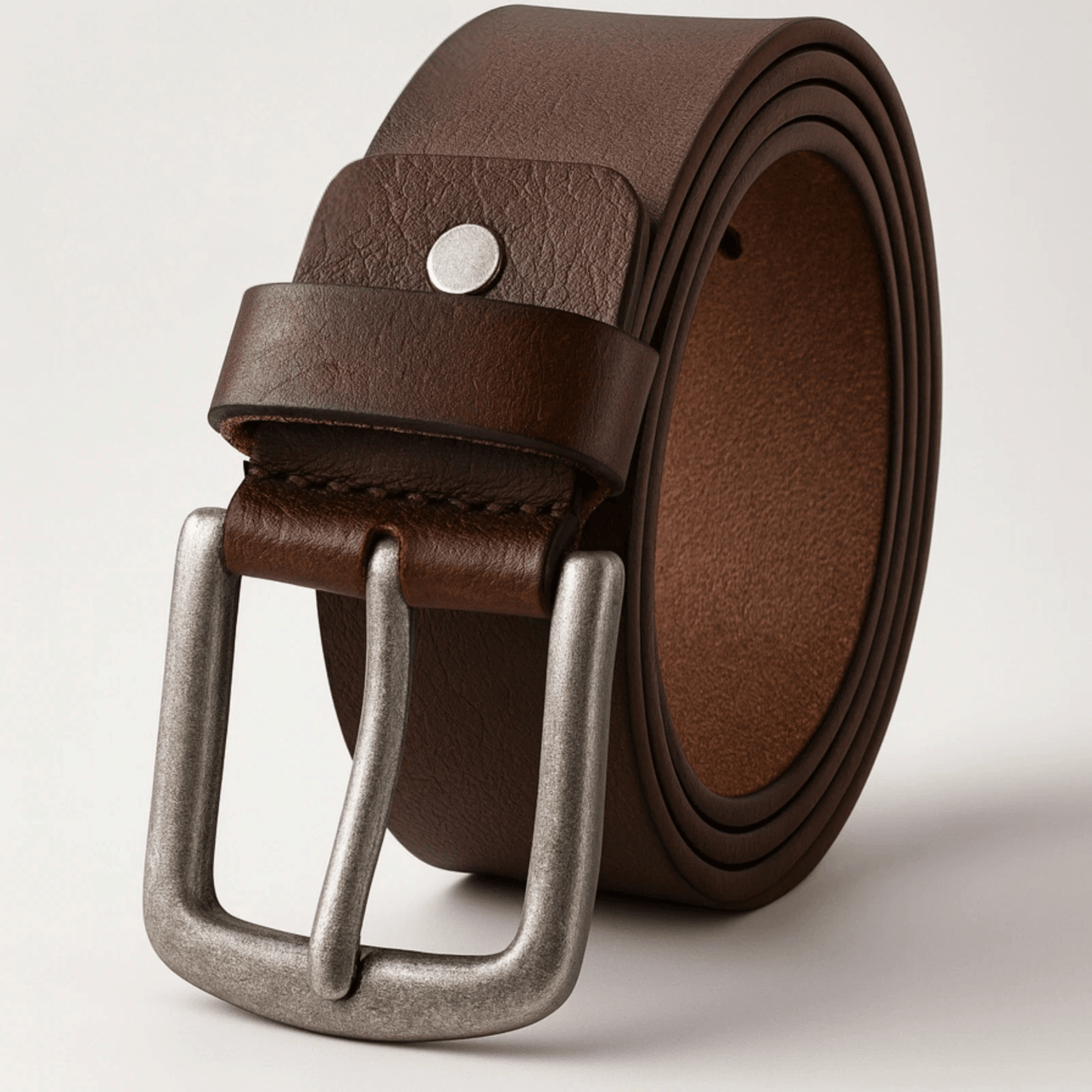 Brown leather belt with silver buckle on a light gray background