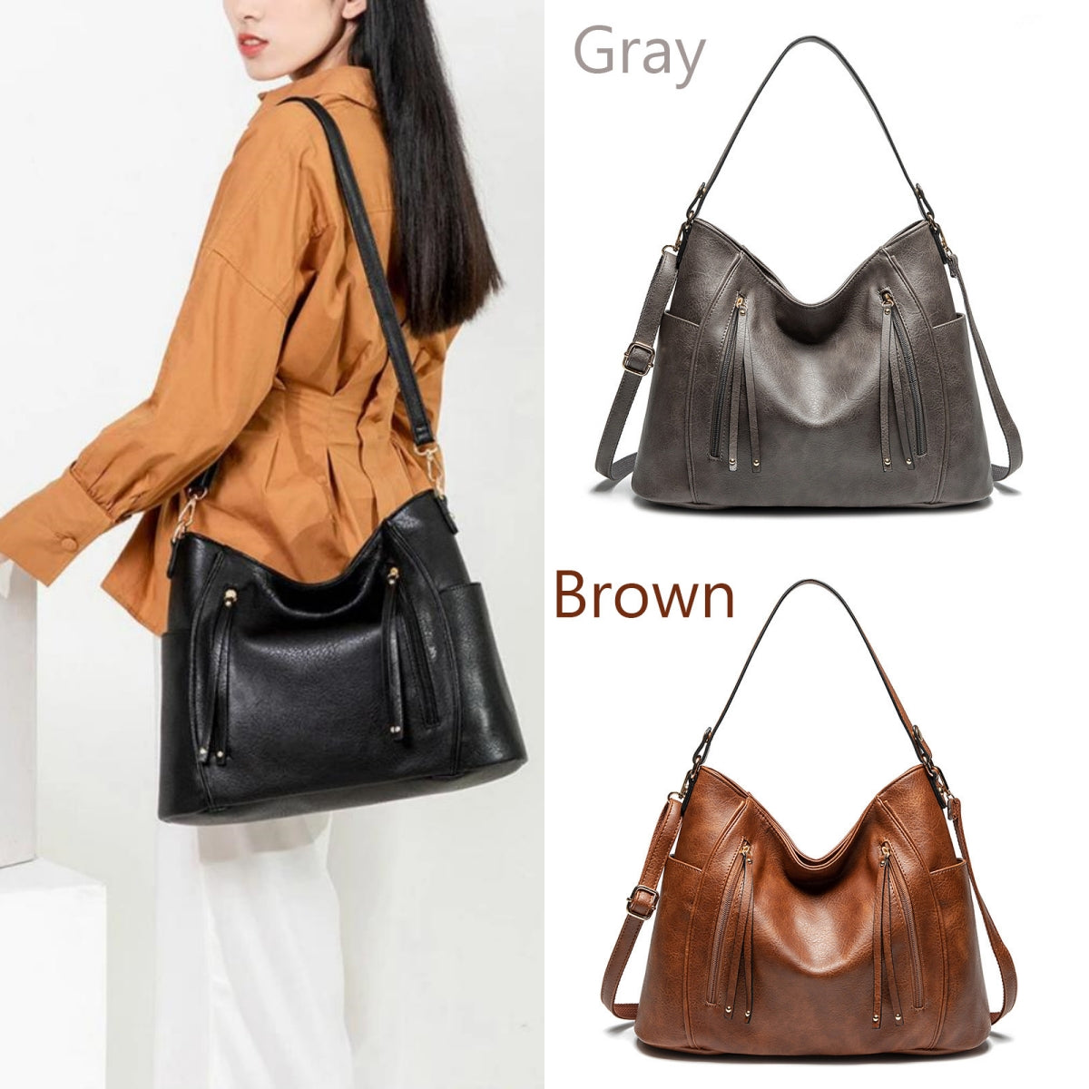 Three handbags in gray, black, and brown with a person wearing a brown jacket.