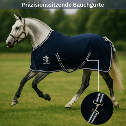 Horse wearing a navy blue rug with a brand logo, running on grass.