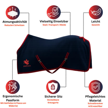 Navy horse blanket with red accents and John Ella logo, featuring text in German about blanket benefits.