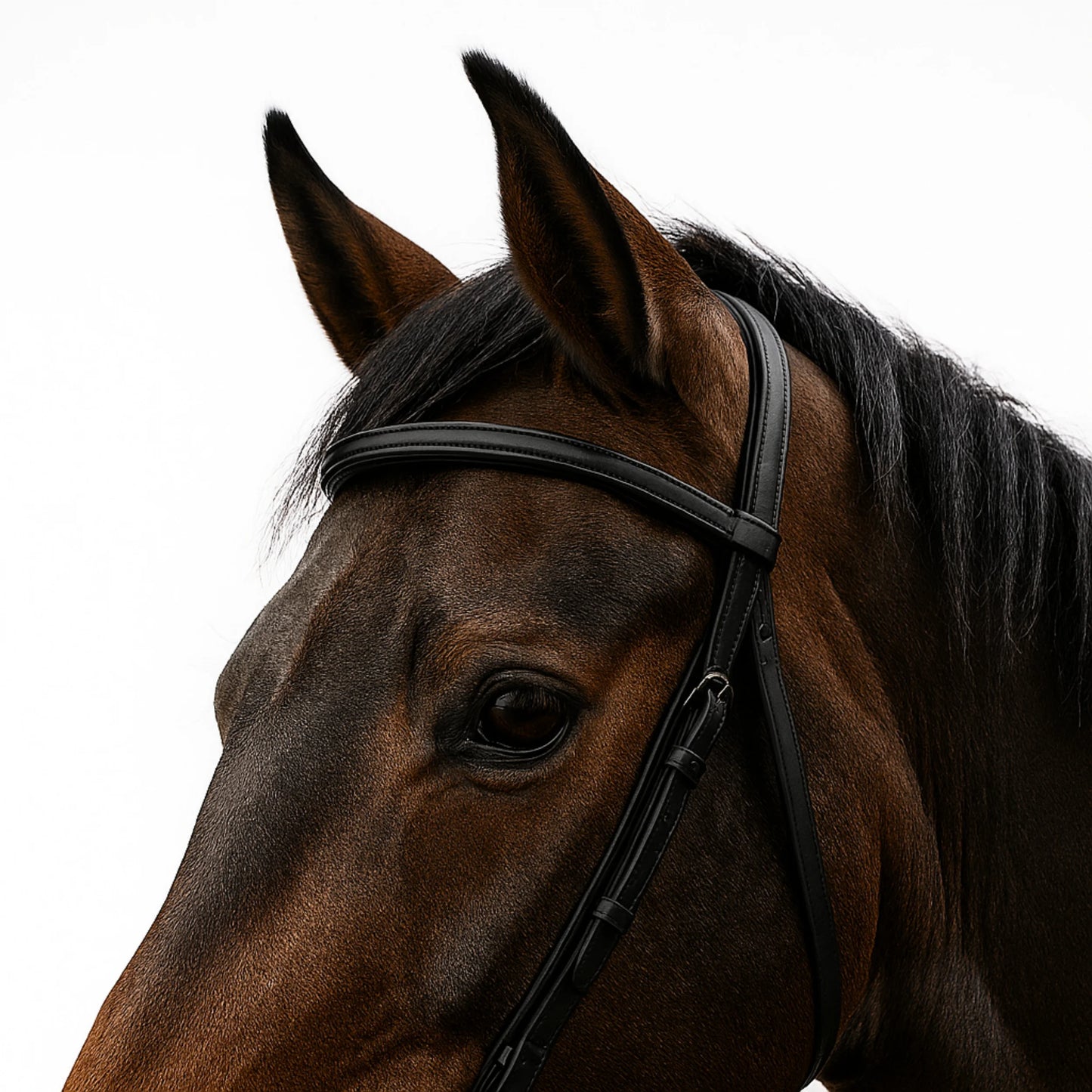 Close-up of a horse's head wearing a bridle on a white background