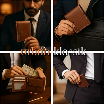 Collage of a man holding a brown leather wallet with 'urban klassik' branding.