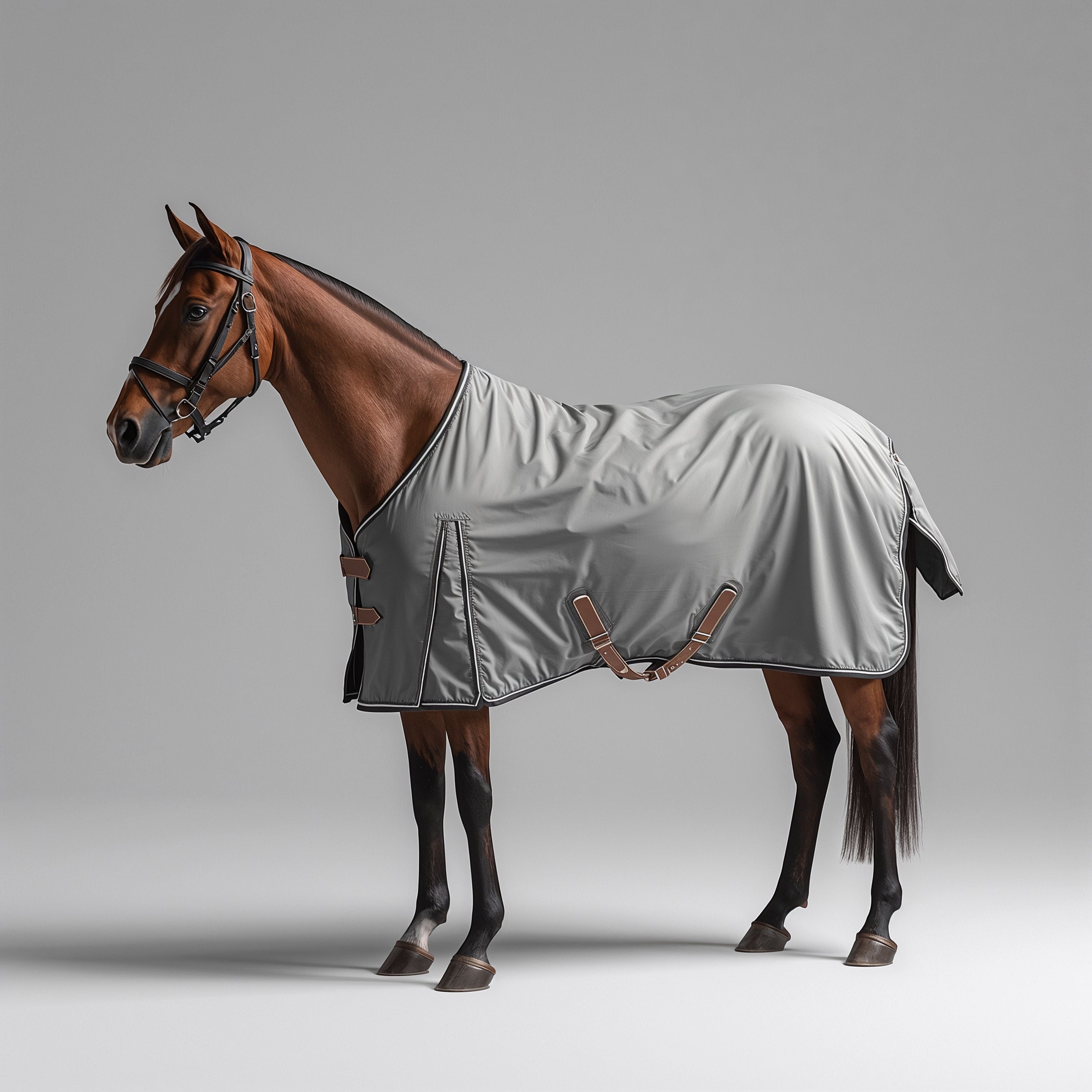 Horse wearing a gray rug on a plain background