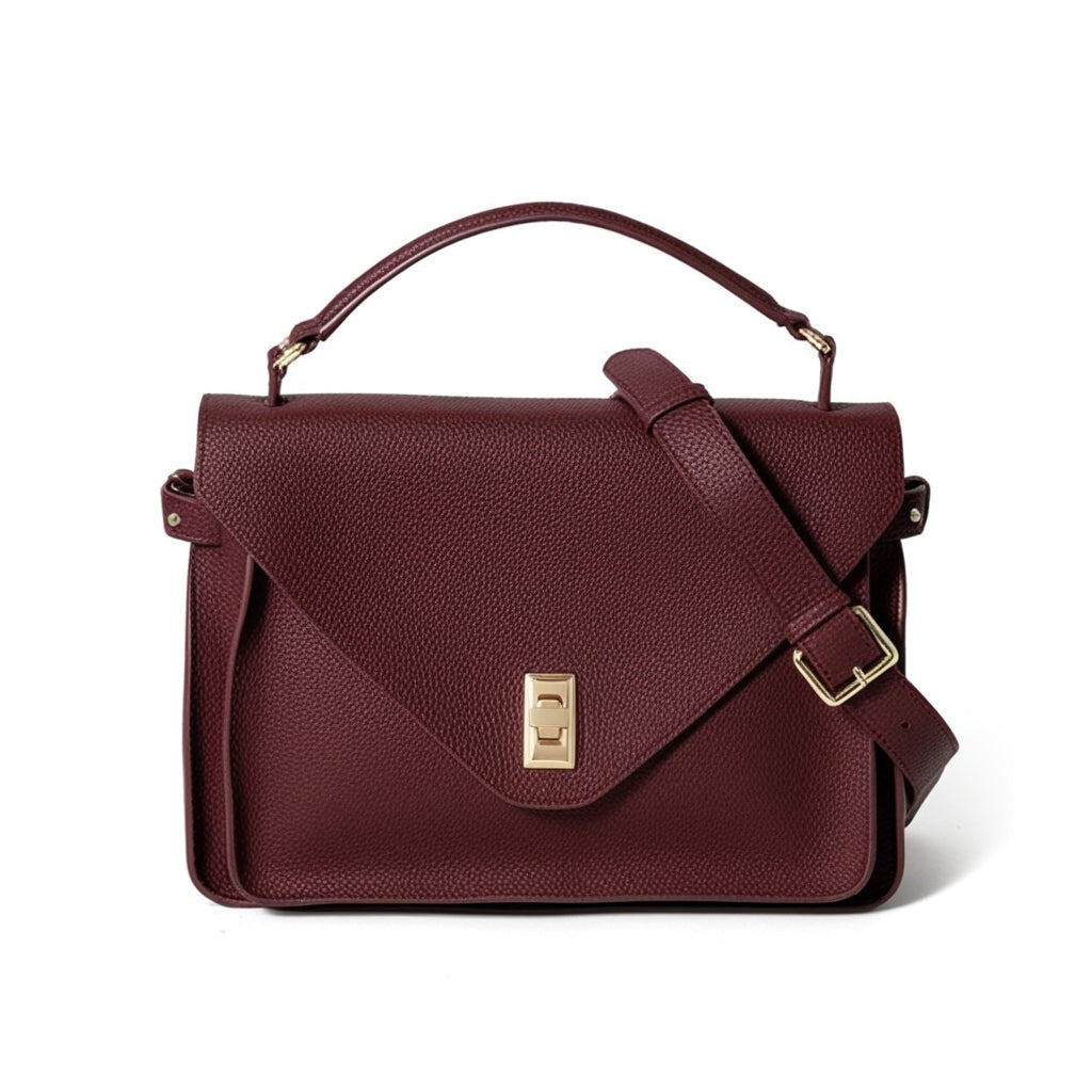 Maroon handbag with a gold clasp on a white background